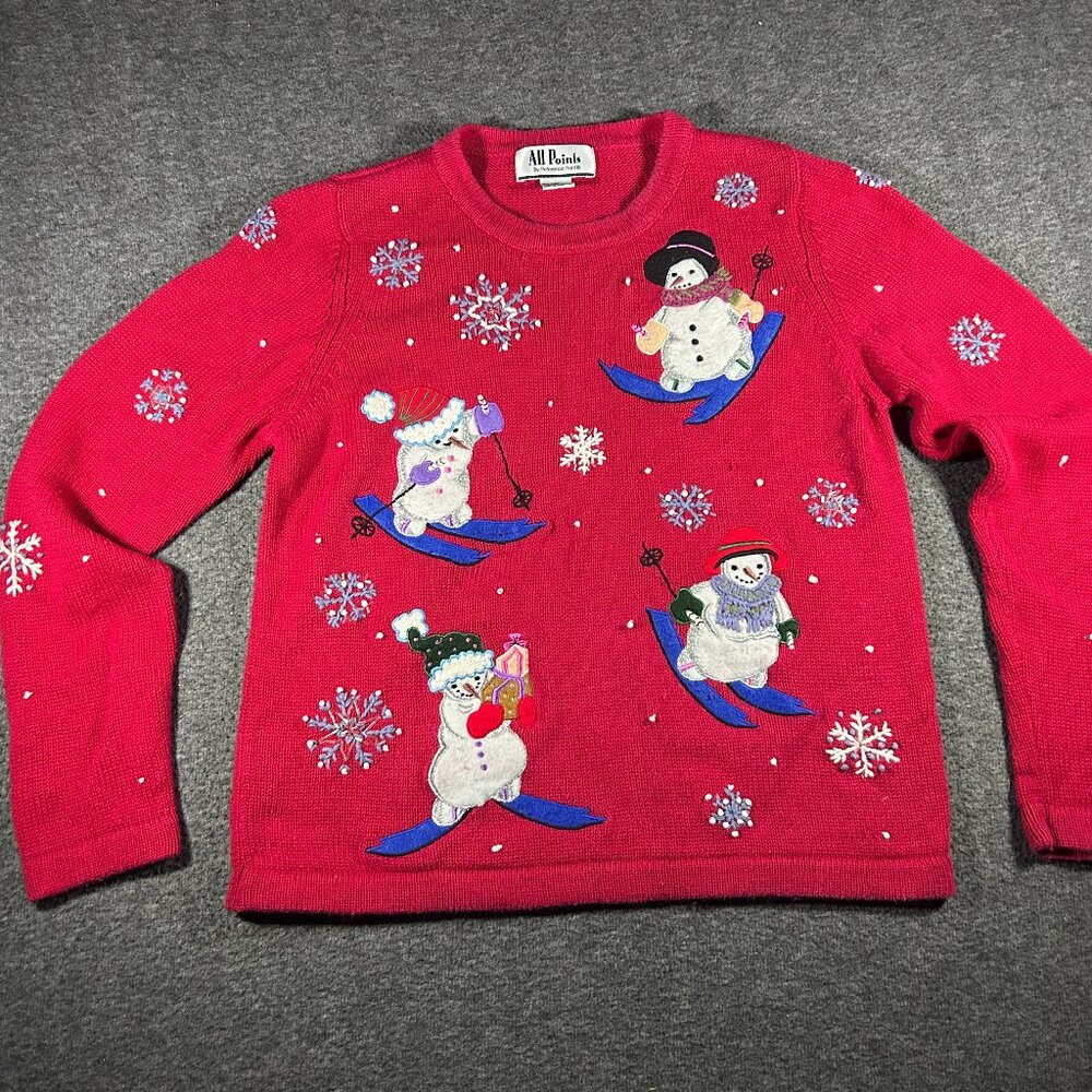 All Points By Reference Point Christmas Snowman Sweater Womens Smal‎ Red Knit